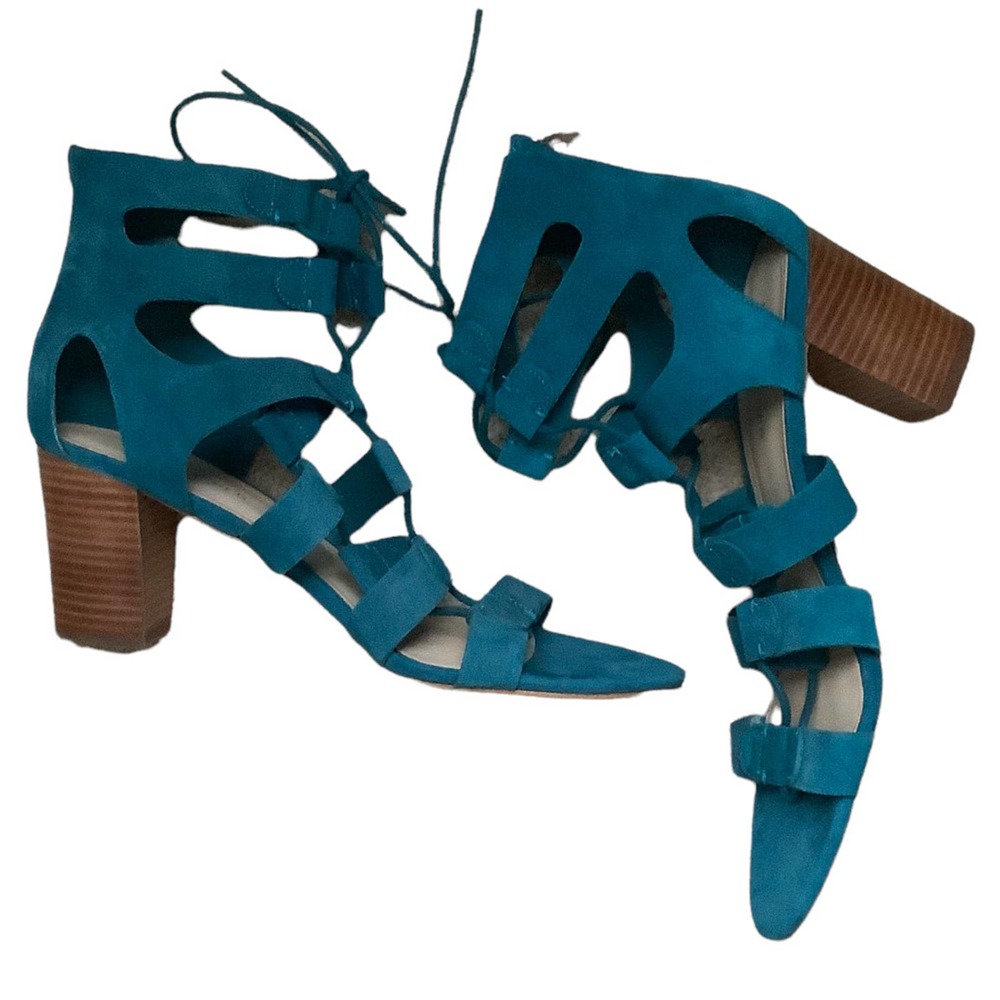 Marc Fisher Womens Blue Open Toe Suede Ankle Tie Strapped Chunky Heels Size 9.5